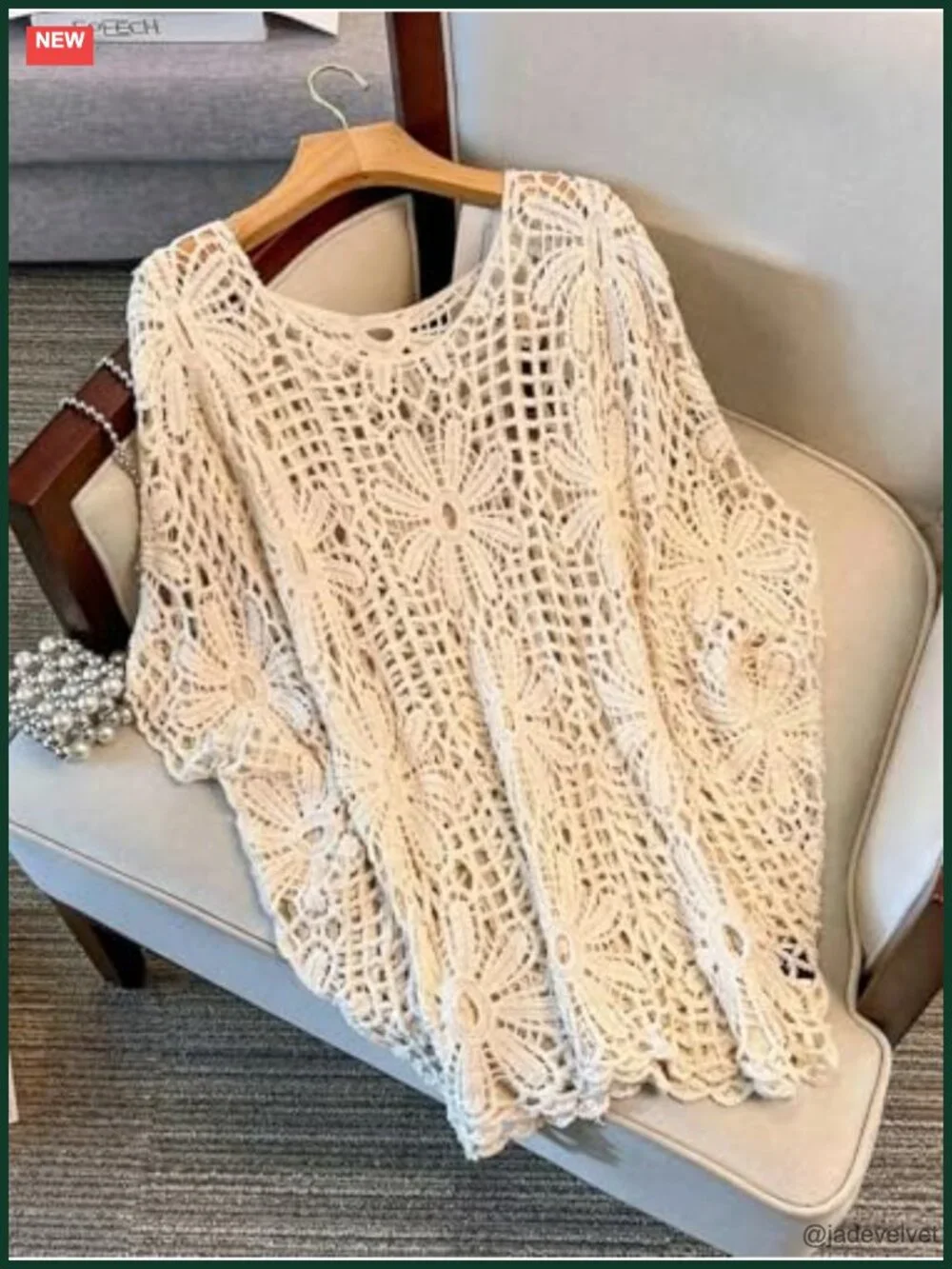Plus Size Crochet Boho Top 3/4 Sleeve Beach Cover Up Sweater